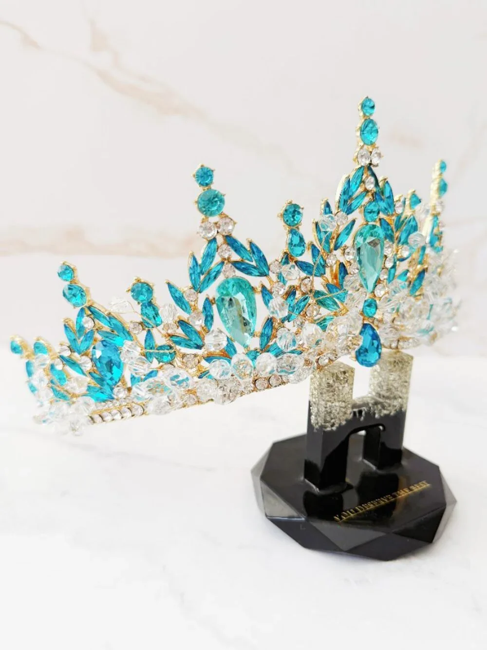 Aqua Blue Crystal Tiara, Gold Crown for Weddings, Pageants and Quinceañeras